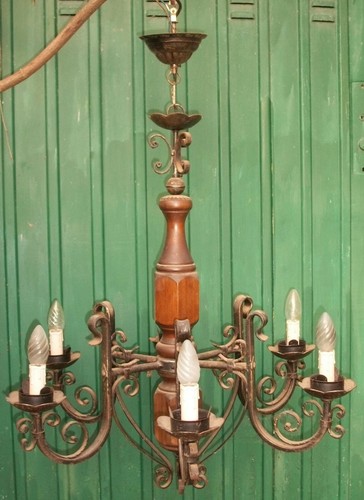 Antico lampadario bronzo legno - lampadario,